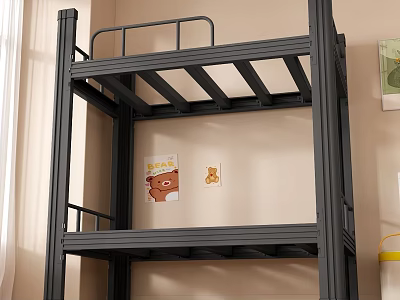 Sturdy Black Metal Bunk Bed With Safety Rail And Modern Bedroom Furniture Design 3d model