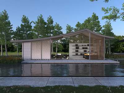 Modern Pergola Surrounded by Trees Over Water Pond With Wooden Structure and Seating Area 3d model