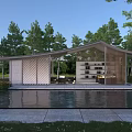 Modern Pergola Surrounded by Trees Over Water Pond With Wooden Structure and Seating Area