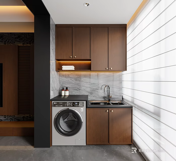 Wooden Balcony Cabinet With Laundry Area Marble Countertop And LED Lighting 3d model 