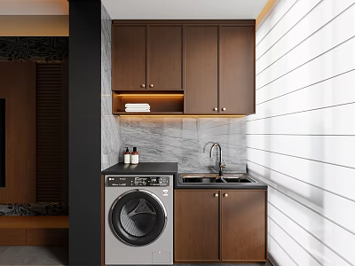 Wooden Balcony Cabinet With Laundry Area Marble Countertop And LED Lighting 3d model