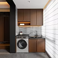 Wooden Balcony Cabinet With Laundry Area Marble Countertop And LED Lighting