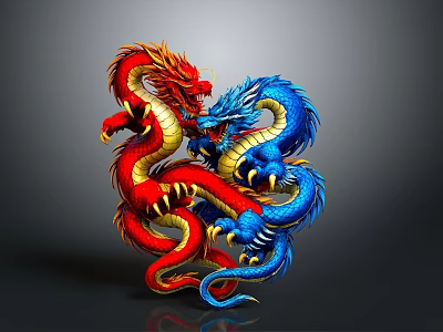 Red And Blue Mythical Dragons Intertwined In Dynamic Coiled Pose With Vibrant Scales 3d model
