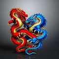 Red And Blue Mythical Dragons Intertwined In Dynamic Coiled Pose With Vibrant Scales