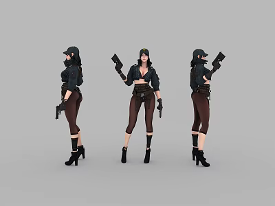 Woman in Three Different Poses Wearing Black Top Brown Pants Cap and Gun 3d model