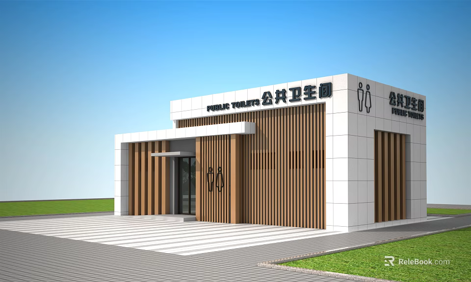 Modern Public Toilets Exterior Design With Wooden Strips And Accessible Entrance 3d model 