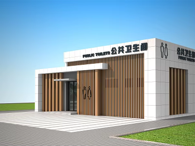 Modern Public Toilets Exterior Design With Wooden Strips And Accessible Entrance 3d model