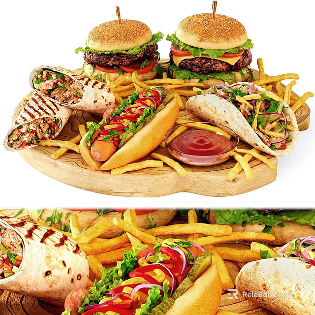 Fast Food Selection Including Hamburgers Hot Dog Grilled Wraps Tacos And Crispy Fries Served Fresh 3d model 
