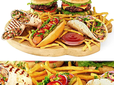 Fast Food Selection Including Hamburgers Hot Dog Grilled Wraps Tacos And Crispy Fries Served Fresh 3d model