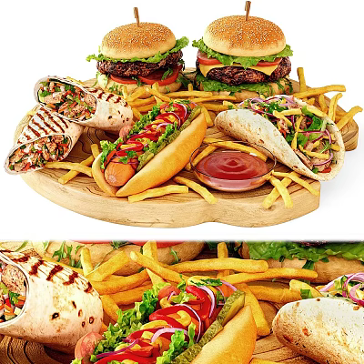 Fast Food Selection Including Hamburgers Hot Dog Grilled Wraps Tacos And Crispy Fries Served Fresh 3d model