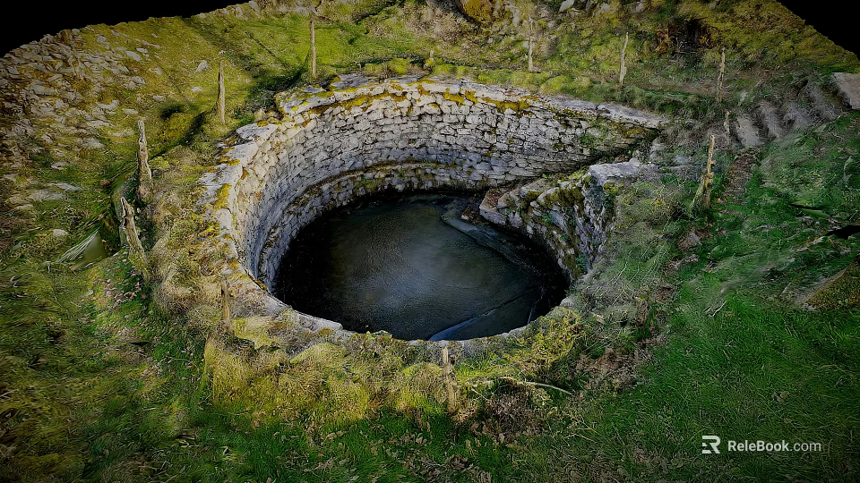 Moss Covered Stone Circular Water Pool In Lush Green Grassland Landscape 3d model 