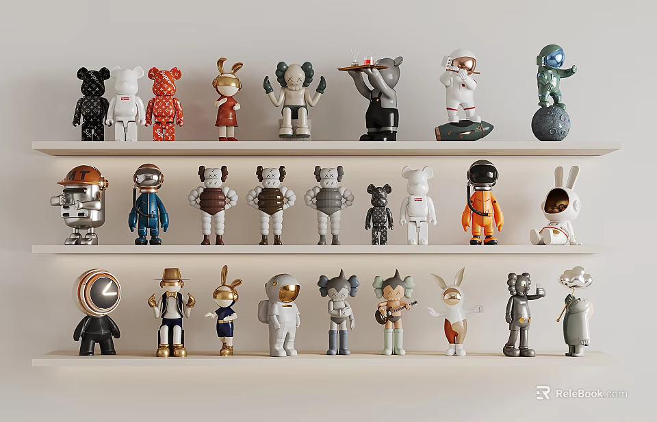Colorful Decorative Figurines with Various Designs Displayed on Shelves in Multiple Colors 3d model 