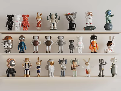 Colorful Decorative Figurines with Various Designs Displayed on Shelves in Multiple Colors 3d model