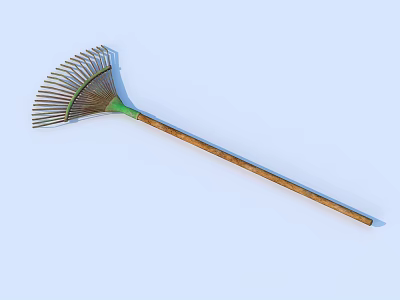 Durable Hardware Tool Rake With Metal Tines Wooden Handle Green Connector For Gardening Yard Cleaning 3d model