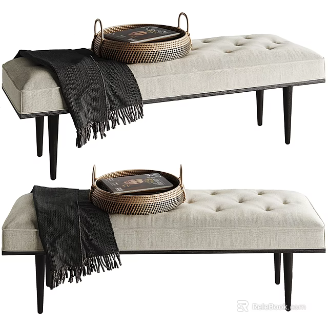 Beige Button Tufted Upholstered Bench with Black Wooden Legs Black Fringed Throw and Metal Tray 3d model 