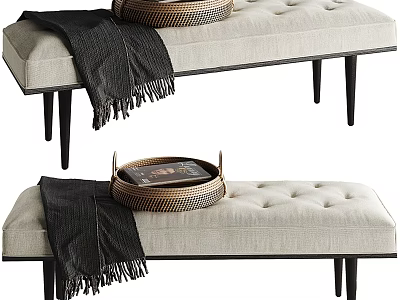 Beige Button Tufted Upholstered Bench with Black Wooden Legs Black Fringed Throw and Metal Tray 3d model