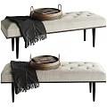 Beige Button Tufted Upholstered Bench with Black Wooden Legs Black Fringed Throw and Metal Tray