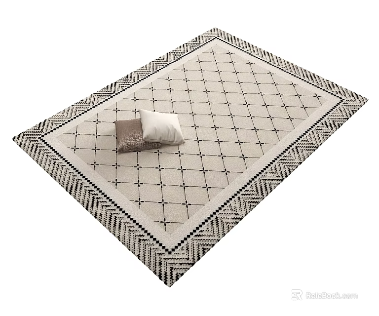 Geometric Pattern Square Rug With Neutral Background Black White Border And Brown White Pillows 3d model