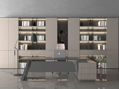 Modern Large Grey Bookcase In Study Room With Desk Laptop Floor Lamp And Green Plants 3d model