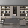 Modern Large Grey Bookcase In Study Room With Desk Laptop Floor Lamp And Green Plants