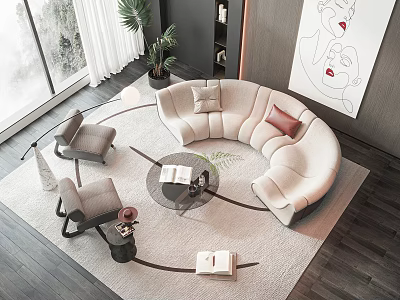 Modern Living Room Curved Sofa And Round Coffee Table Set With Light Rug And Artwork 3d model