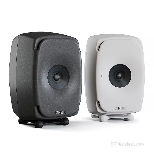 Genelec Black And White Active Desktop Speakers With Sleek Design And Green Indicators 3d model 