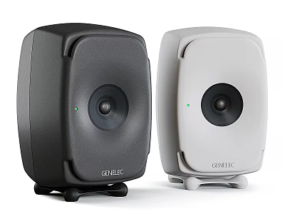 Genelec Black And White Active Desktop Speakers With Sleek Design And Green Indicators 3d model