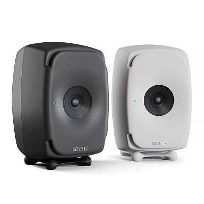 Genelec Black And White Active Desktop Speakers With Sleek Design And Green Indicators 3d model