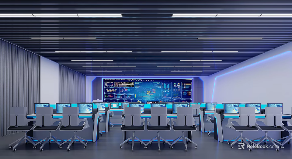 Modern High Tech Control Room With Multiple Workstations Computers And Large Data Display Screen 3d model 