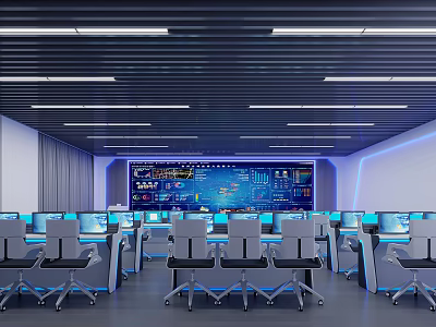 Modern High Tech Control Room With Multiple Workstations Computers And Large Data Display Screen 3d model