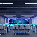 Modern High Tech Control Room With Multiple Workstations Computers And Large Data Display Screen