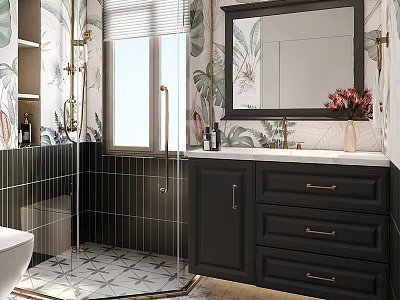 Modern Bathroom Cabinet With Mirror Marble Countertop Storage Drawers and Vase in Tiled Shower Room 3d model