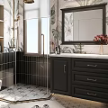 Modern Bathroom Cabinet With Mirror Marble Countertop Storage Drawers and Vase in Tiled Shower Room