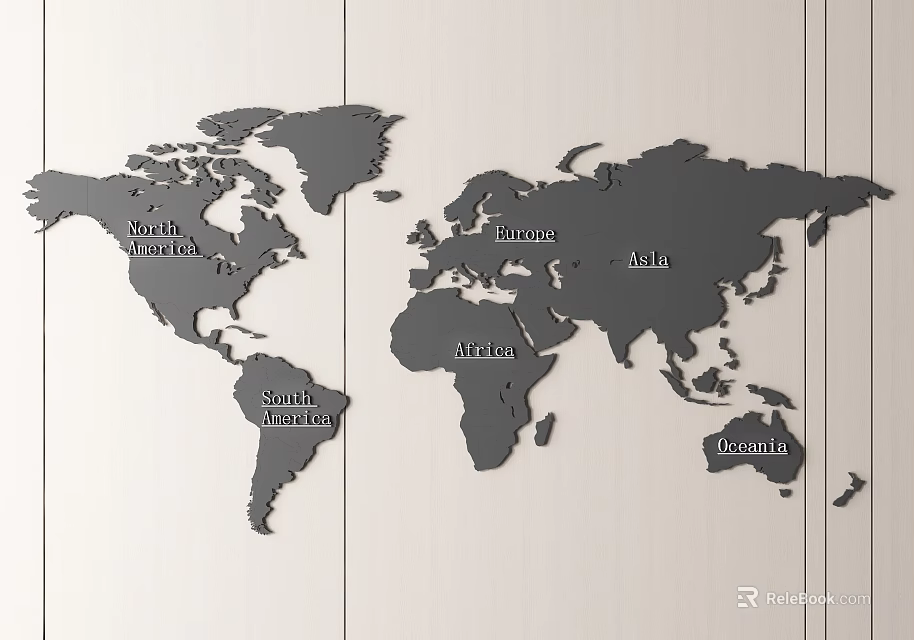 Modern World Map Wall Decor with Continent Names on Wooden Background 3d model 