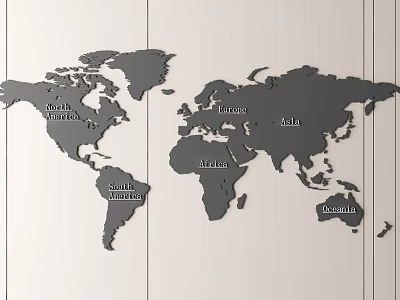Modern World Map Wall Decor with Continent Names on Wooden Background 3d model