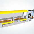 Modern Bus Stop Design With Yellow Roof Wooden Benches And Transparent Shelter