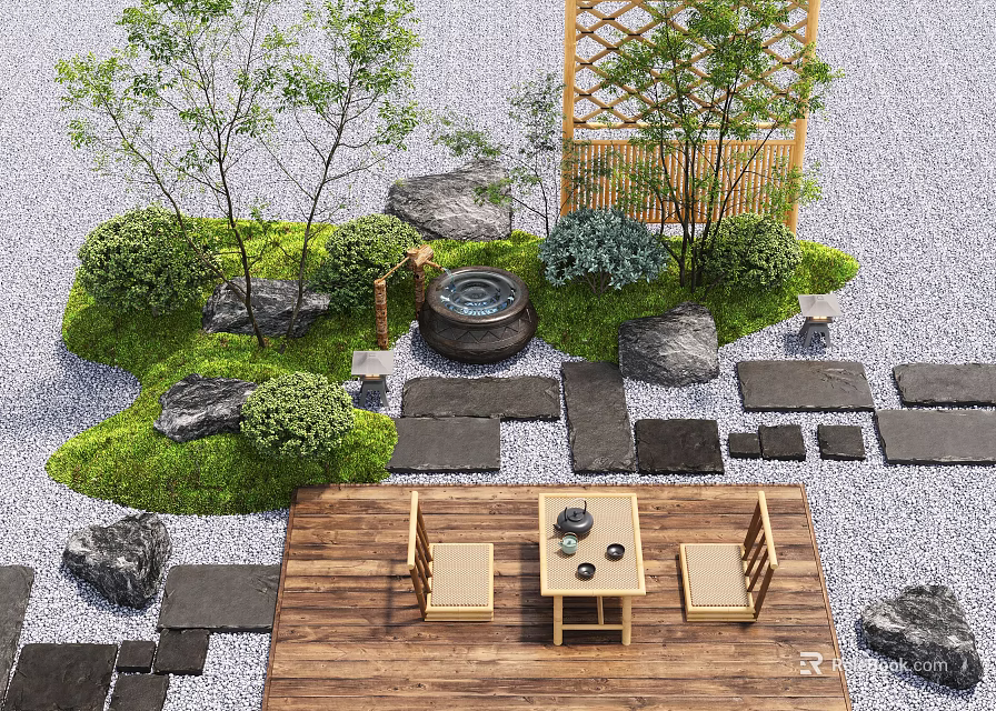 Courtyard Garden Design Featuring Wooden Table Chairs Stone Path Mossy Rocks Bamboo Lattice Green Plants 3d model 