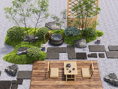 Courtyard Garden Design Featuring Wooden Table Chairs Stone Path Mossy Rocks Bamboo Lattice Green Plants 3d model