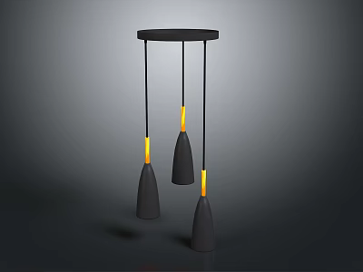Modern Chandelier With Black Circular Base And Three Cone Shaped Yellow Light Shades 3d model