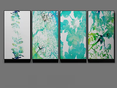Modern Four Panel Botanical Watercolor Paintings with Green Plant Designs for Wall Decor 3d model
