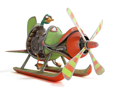 Colorful Duck Themed Doll Riding Airplane Shaped Rocking Toy With Propeller 3d model