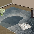 Blue Grey Square Rug With Geometric Pattern On Wooden Floor With Vase And Magazine