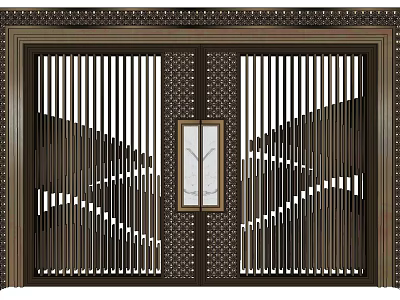 Contemporary Metal Gate With Vertical Slats Central Glass Panel Ornate Frame And Riveted Details 3d model