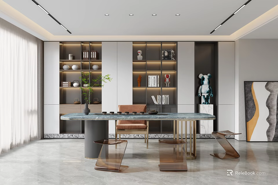 Modern Tea Room Interior Design With Shelves Books Decorations Table Chair And Plant 3d model 