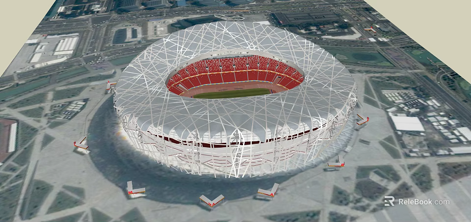 Large Stadium With Unique Steel Structure Red Seats And Circular Design Aerial View 3d model 