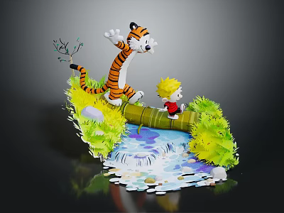 Cartoon Scene With Playful Tiger And Boy On Bamboo Bridge Over Water Stream 3d model