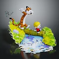 Cartoon Scene With Playful Tiger And Boy On Bamboo Bridge Over Water Stream