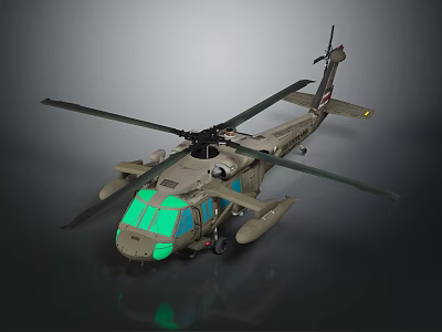 Military Style Helicopter with Green Tinted Windows Gray Body and Large Rotors on Dark Background 3d model