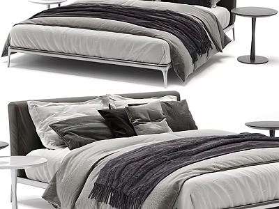 Modern Double Bed With Gray Black Bedding Pillows And Side Tables 3d model