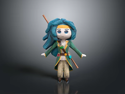 3D Model Adventurous Cartoon Character With Blue Hair Big Eyes Green Coat And Staff 3d model